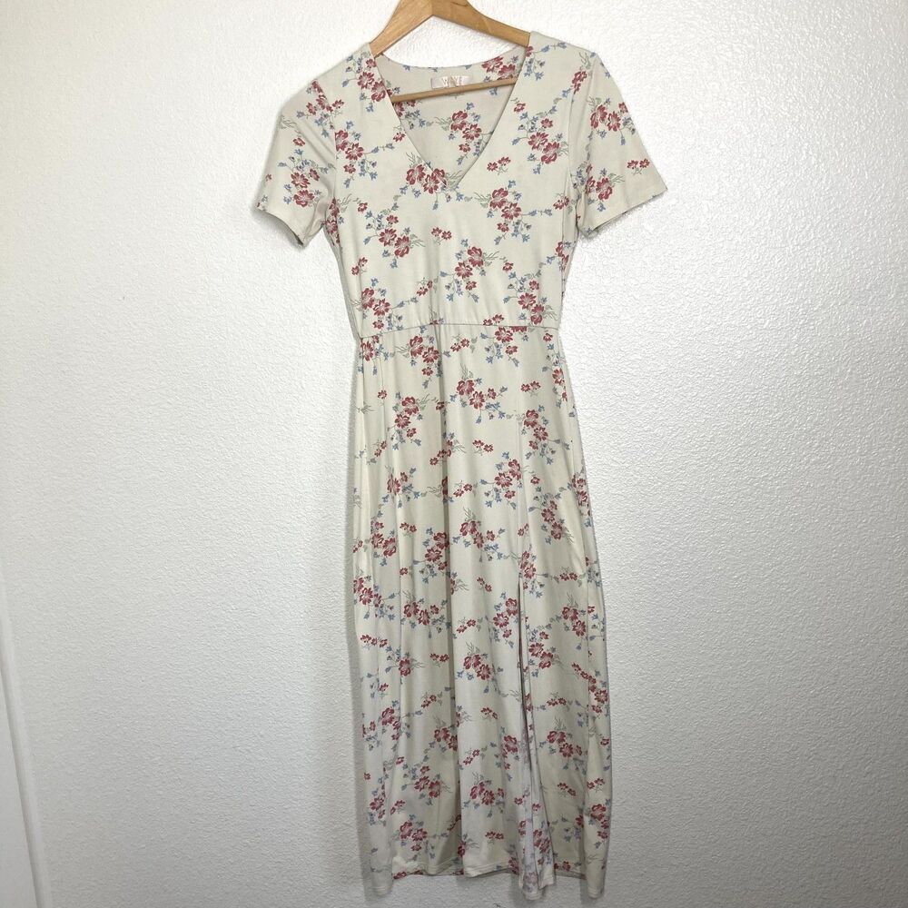 WAYF Cotagge Core Dress Womens XS Cream Floral Maxi Short Sleeve V Neck Stretch